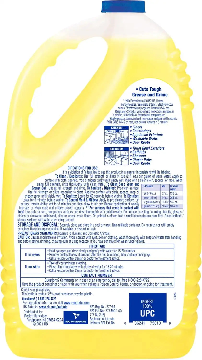 Lysol All Purpose Cleaner, Multi-Surface Disinfectant Floor Cleaner for Mopping Solution, Household Cleaning Supplies, for Bathroom & Kitchen, Lemon & Sunflower Scent, 144 oz