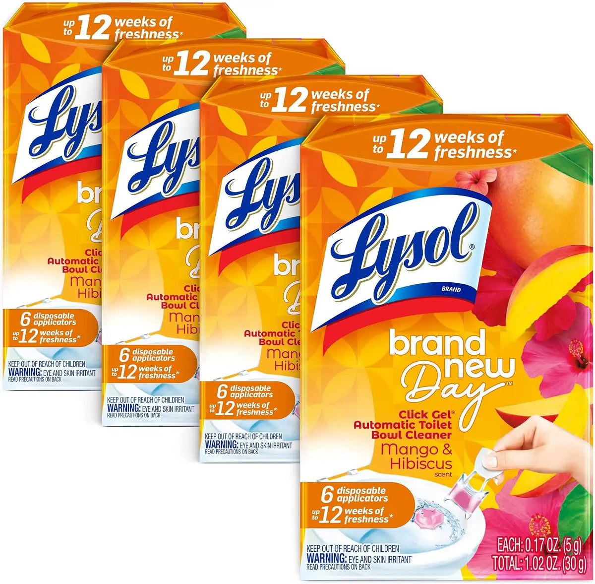 Lysol Click Gel Automatic Toilet Bowl Cleaner, Gel Toilet Bowl Cleaner, For Cleaning and Refreshing – Mango & Hibiscus, 6 applicators (Pack of 4, 24 Count Total)
