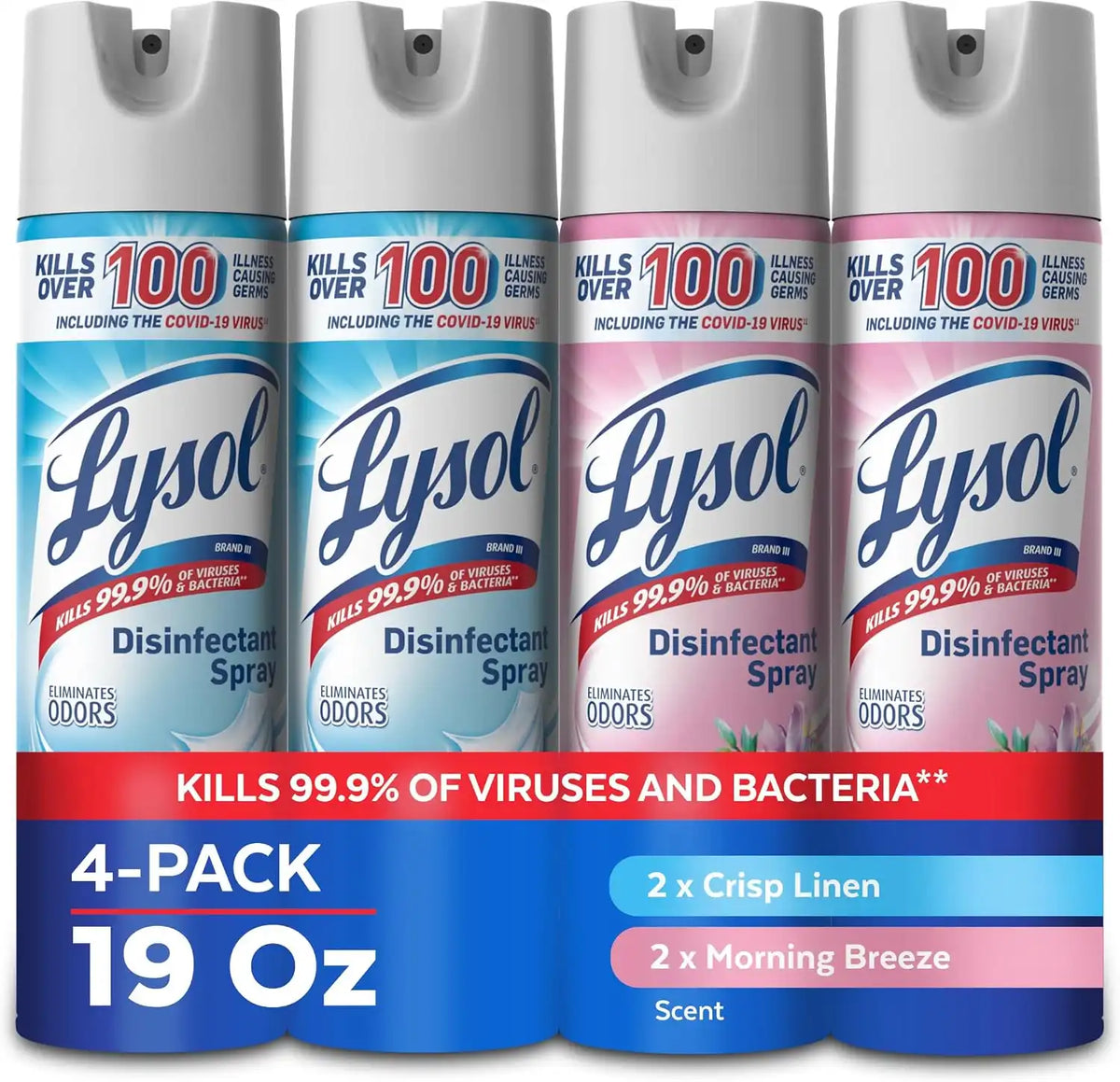 Lysol Disinfectant Spray, Sanitizer, Linen & Morning Breeze, 19 oz, 4 Pack