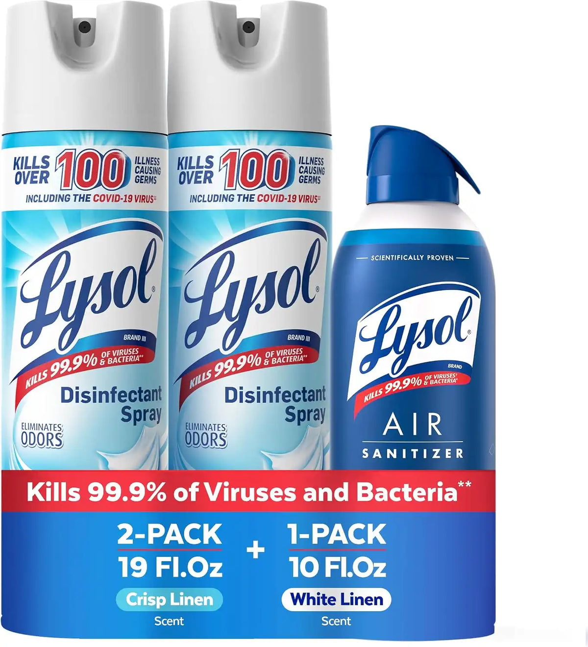 Lysol Disinfectant Spray + Air Sanitizer, Crisp Linen & White Linen, 3 Pack
